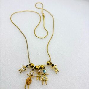 Vintage Gold Tone Necklace with five Crystal Boy & Girl Gold Tone Charms